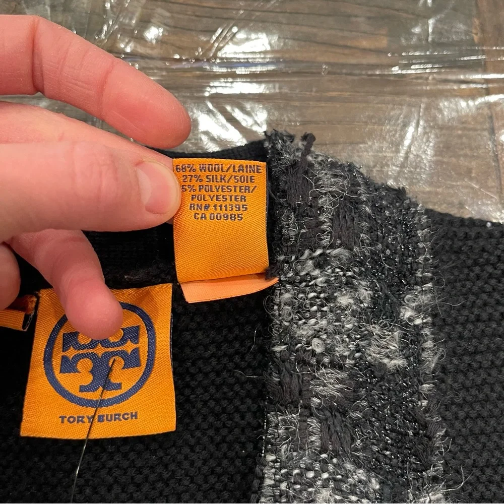 Tory Burch Black Cardigan Sweater with V-neck and Floral Trim - Picture 7 of 14